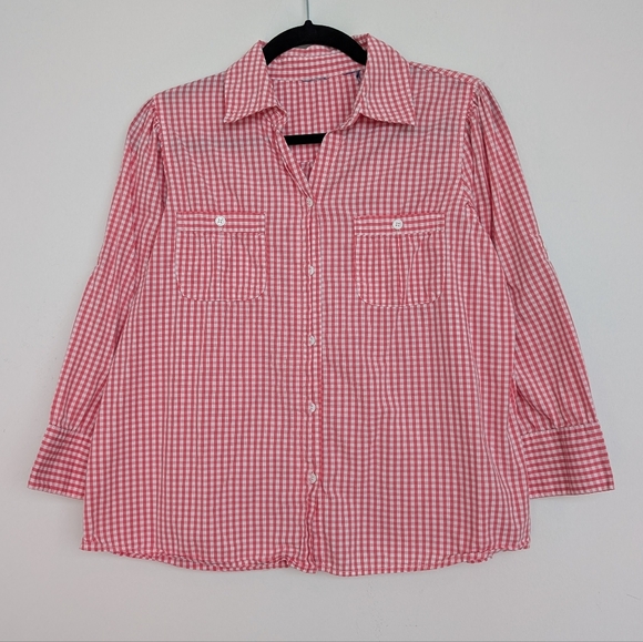Gingham Plaid Puff Shoulder 2 Pocket Pink Button-Up Shirt Sz S/M Western - Picture 1 of 16